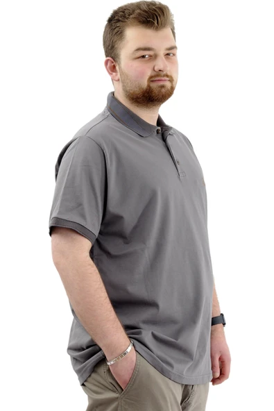 Mode XL Büyük Beden Erkek Tişört Polo Yaka Nakışlı LOGO M U24338 Füme - Resim 3
