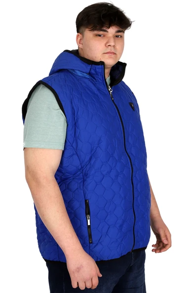 Mode XL Büyük Beden Erkek Fermuarlı Kapüşonlu Şişme Yelek U24705 Mavi - Resim 2