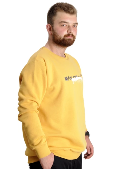 Mode XL Büyük Beden Erkek Sweatshirt Bisiklet Yaka Man Official 23528 Hardal - 3