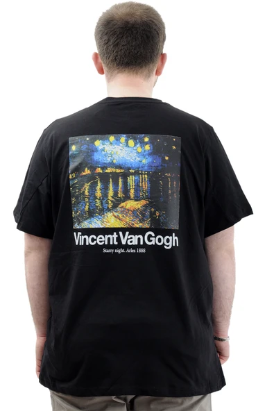 Mode XL Büyük Beden Baskılı Erkek T-Shirt Bisiklet Yaka VAN GOGH U24040 Siyah - Resim 4