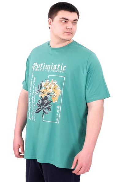 Mode XL Büyük Beden Erkek T-Shirt Bisiklet Yaka OPTIMISTIC U25028 Çağla - Resim 4