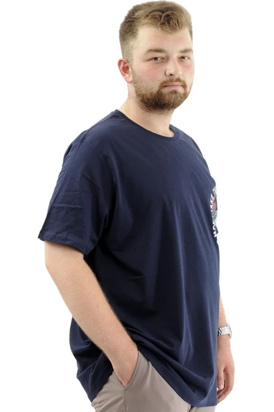 Mode XL Büyük Beden Erkek Tişört Baskılı Bisiklet Yaka Pamuklu CHANGE U24084 Lacivert - Resim 3