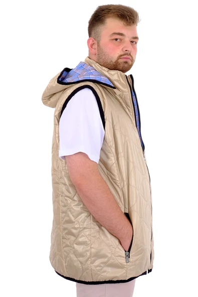 Mode XL Büyük Beden Erkek Çıkan Kapüşonlu Kapitone Yelek U24704 Bej - Resim 3