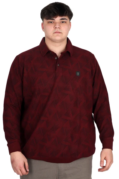 Mode XL Büyük Beden Erkek Polo Yaka Sweatshirt Baskılı Selanik U24440 Bordo