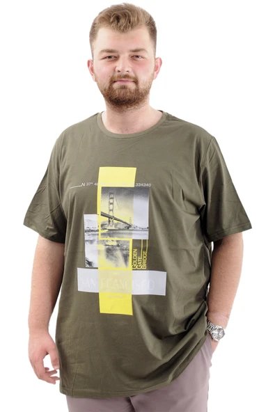 Mode XL Battal Beden Erkek Pamuklu T-Shirt Yumuşak Dokulu Baskılı FRANCISCO U24086 Haki ürün görseli 1