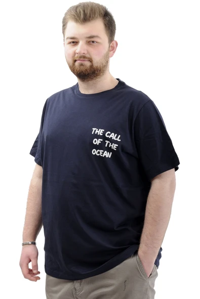 Mode XL Büyük Beden Erkek Tişört Baskılı Pamuklu Bisiklet Yaka T-Shirt TOUCH U24067 Lacivert - Resim 3