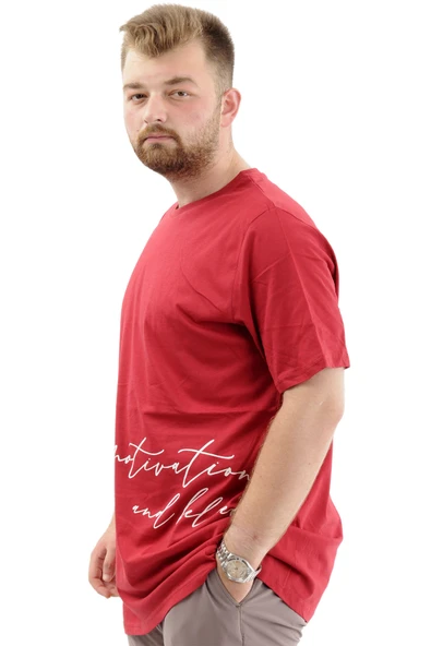 Mode XL Battal Beden Erkek Pamuklu T-Shirt Yumuşak Dokulu Baskılı BELIEF U24085 Bordo - Resim 2