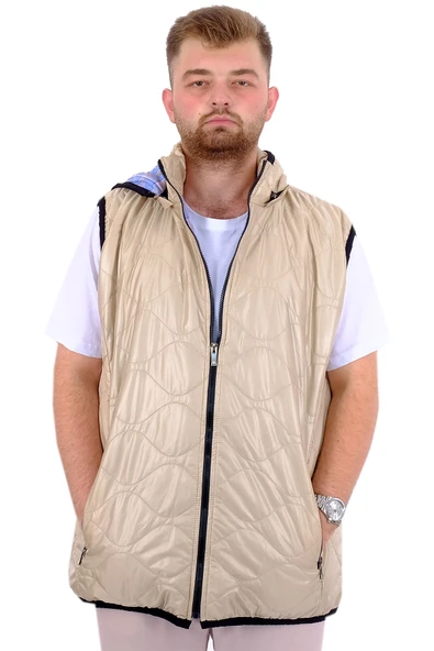 Mode XL Büyük Beden Erkek Çıkan Kapüşonlu Kapitone Yelek U24704 Bej ürün görseli 1