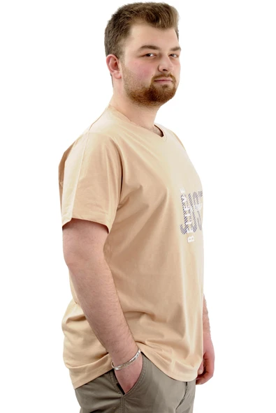 Mode XL Büyük Beden Erkek T-Shirt V Yaka Baskılı BELIEVE U24054 Bej - Resim 3