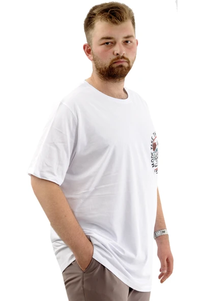 Mode XL Büyük Beden Erkek Tişört Baskılı Bisiklet Yaka Pamuklu CHANGE U24084 Beyaz - Resim 3