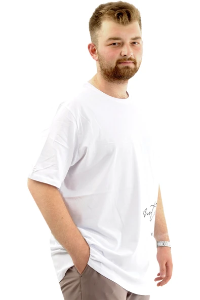 Mode XL Battal Beden Erkek Pamuklu T-Shirt Yumuşak Dokulu Baskılı BELIEF U24085 Beyaz - Resim 3