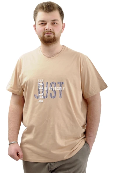 Mode XL Büyük Beden Erkek T-Shirt V Yaka Baskılı BELIEVE U24054 Bej ürün görseli 1