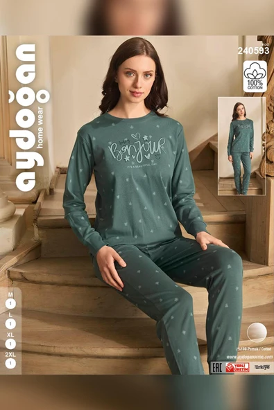 Aydoğan Kadın Lavin Ribana Manşetli Viridian Koton Pijama Takım 0593 - Resim 3