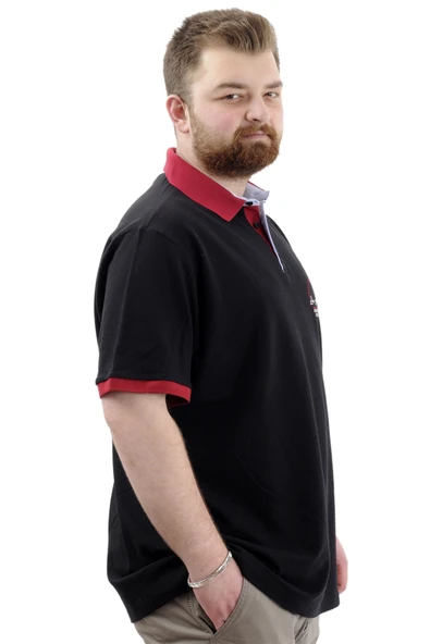 Mode XL Büyük Beden Erkek Tişört Polo Yaka Nakışlı LOS ANGELES U24331 Siyah - Resim 3