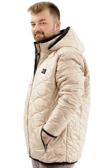 Mode XL Büyük Beden Erkek Kapitone Kalın Mont Cepli Kapüşonlu U24604 Bej - Resim 2