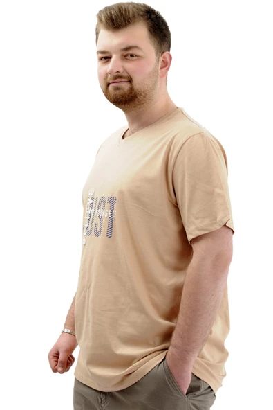 Mode XL Büyük Beden Erkek T-Shirt V Yaka Baskılı BELIEVE U24054 Bej - Resim 2