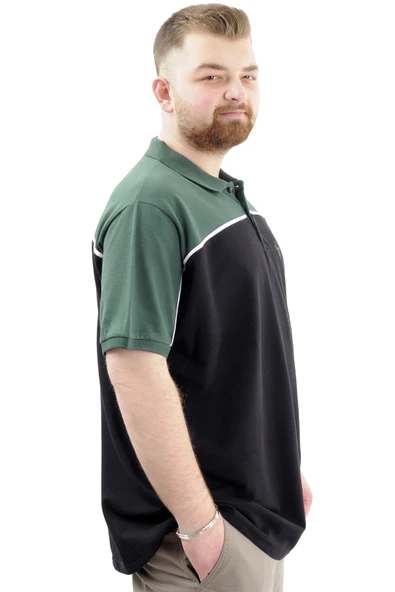 Mode XL Büyük Beden Erkek T-Shirt Polo Yaka Renk Bloklu DEER U24324 Siyah - Resim 3