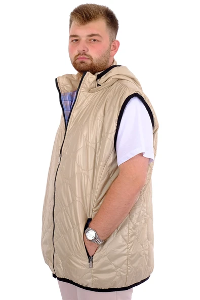 Mode XL Büyük Beden Erkek Çıkan Kapüşonlu Kapitone Yelek U24704 Bej - Resim 2