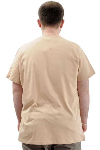 Mode XL Büyük Beden Erkek T-Shirt V Yaka Baskılı BELIEVE U24054 Bej - Resim 4