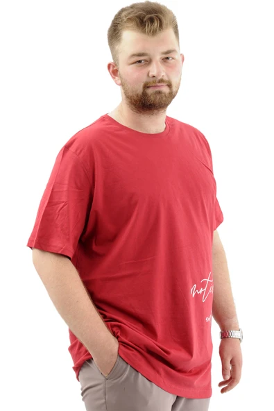 Mode XL Battal Beden Erkek Pamuklu T-Shirt Yumuşak Dokulu Baskılı BELIEF U24085 Bordo - Resim 3