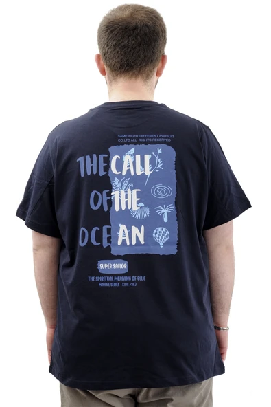 Mode XL Büyük Beden Erkek Tişört Baskılı Pamuklu Bisiklet Yaka T-Shirt TOUCH U24067 Lacivert - Resim 2