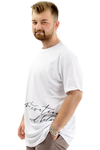 Mode XL Battal Beden Erkek Pamuklu T-Shirt Yumuşak Dokulu Baskılı BELIEF U24085 Beyaz - Resim 2