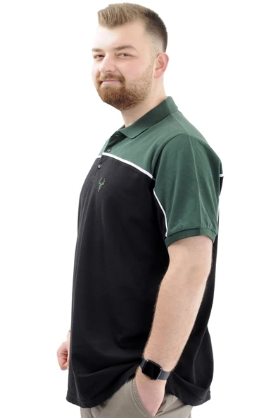 Mode XL Büyük Beden Erkek T-Shirt Polo Yaka Renk Bloklu DEER U24324 Siyah - Resim 2