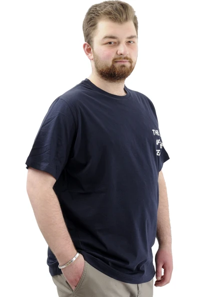 Mode XL Büyük Beden Erkek Tişört Baskılı Pamuklu Bisiklet Yaka T-Shirt TOUCH U24067 Lacivert - Resim 4