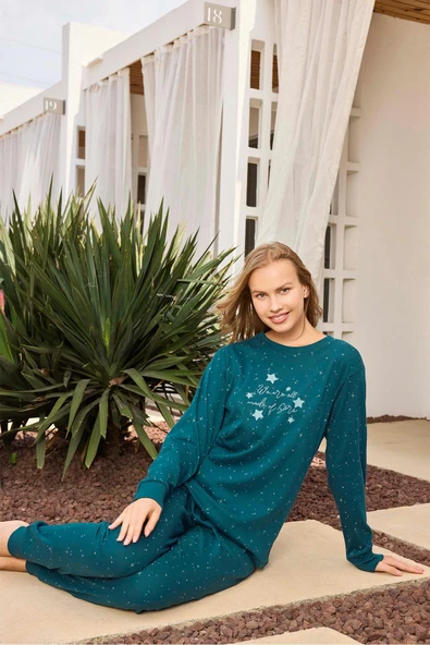 Aydoğan Kadın Lavin Ribana Manşetli Teal Renk Koton Pijama Takım 0524 - Resim 2