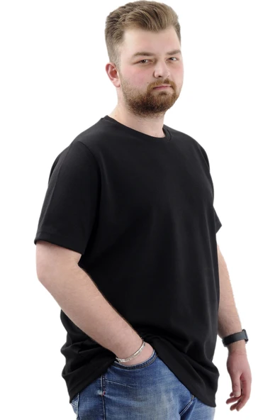 Mode XL Büyük Beden Erkek T-Shirt İnterlok Basic Bisiklet Yaka Tişört STRIVE U24078 Siyah - Resim 3