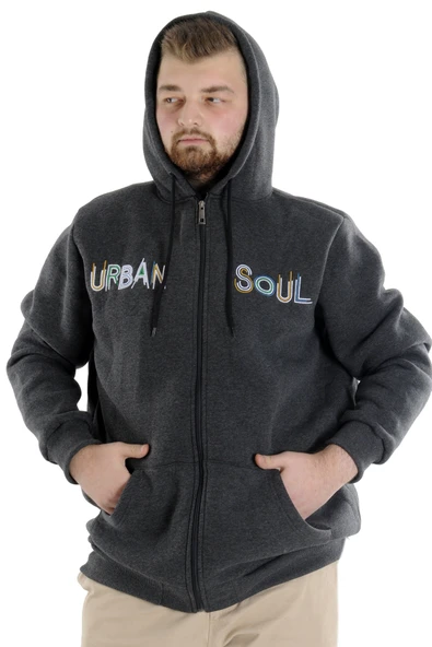 Mode XL Erkek Sweat Kapşonlu Fermuarlı 22531 Antramelanj - Resim 3