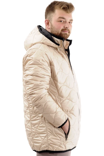 Mode XL Büyük Beden Erkek Kapitone Kalın Mont Cepli Kapüşonlu U24604 Bej - Resim 3