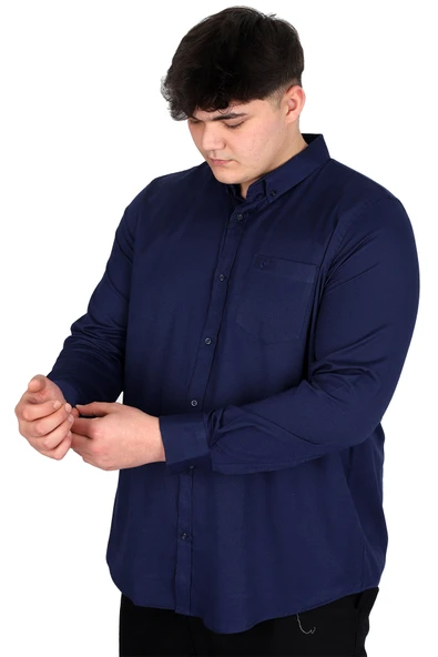 Mode XL Büyük Beden Erkek Uzun Kol Gömlek Cepli OXFORD U20367 Lacivert - Resim 2