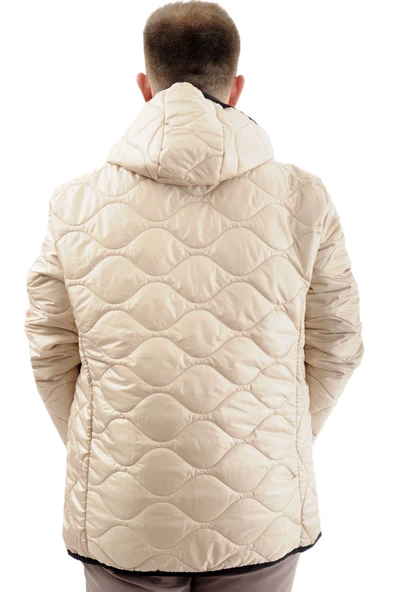 Mode XL Büyük Beden Erkek Kapitone Kalın Mont Cepli Kapüşonlu U24604 Bej - Resim 4