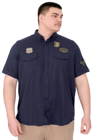 Mode XL Büyük Beden Erkek Gömlek Çift Cep Kapaklı Gabardin U25601 Lacivert