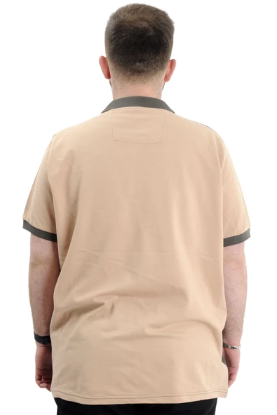 Mode XL Büyük Beden Erkek Polo Yaka Tişört Renk Bloklu U24322 Bej - Resim 4