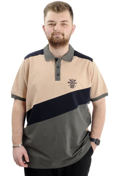 Mode XL Büyük Beden Erkek Polo Yaka Tişört Renk Bloklu U24322 Bej ürün görseli 1