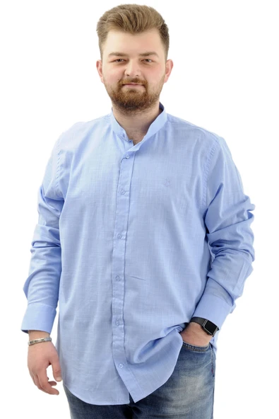 Mode XL Büyük Beden Erkek Gömlek Uzun Kol Likralı Keten Gömlek U20385 Mavi ürün görseli