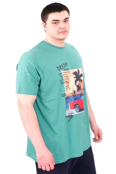 Mode XL Büyük Beden Erkek Baskılı T-Shirt Palm Dream U25026 Çağla - Resim 3