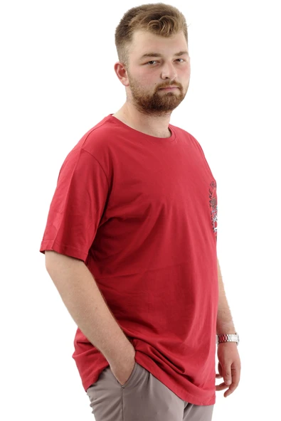 Mode XL Büyük Beden Erkek Tişört Baskılı Bisiklet Yaka Pamuklu CHANGE U24084 Bordo - Resim 3