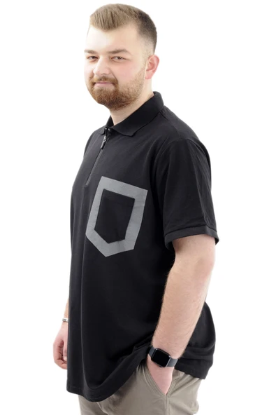 Mode XL Büyük Beden Erkek T-Shirt Fermuarlı Polo Yaka Cepli U24325 Siyah - Resim 2