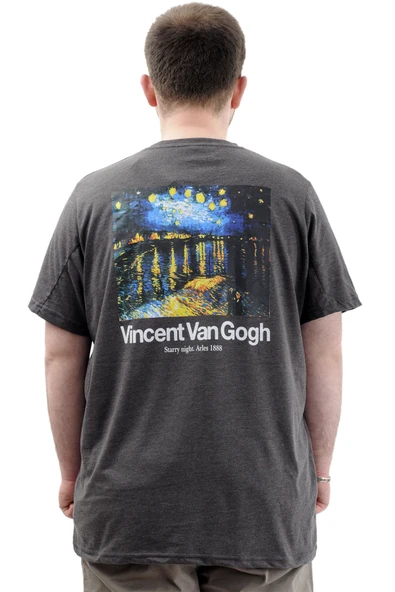 Mode XL Büyük Beden Baskılı Erkek T-Shirt Bisiklet Yaka VAN GOGH U24040 Antrasit - Resim 4