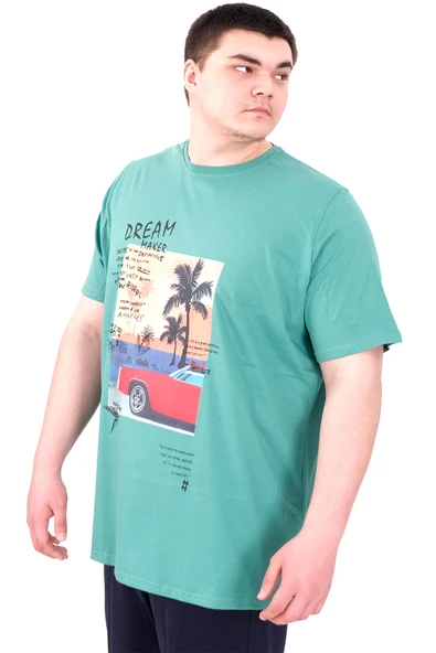 Mode XL Büyük Beden Erkek Baskılı T-Shirt Palm Dream U25026 Çağla - Resim 4