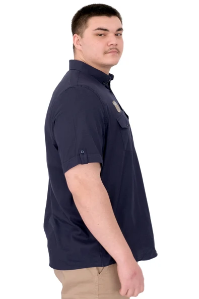 Mode XL Büyük Beden Erkek Gömlek Çift Cep Kapaklı Gabardin U25601 Lacivert - 2