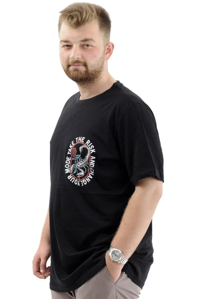 Mode XL Büyük Beden Erkek Tişört Baskılı Bisiklet Yaka Pamuklu CHANGE U24084 Siyah - Resim 2
