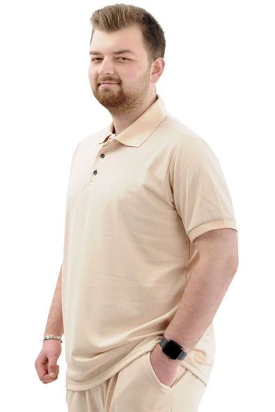 Mode XL Büyük Beden Erkek Tişört Polo Yaka JAKAR U24337 Bej - Resim 2