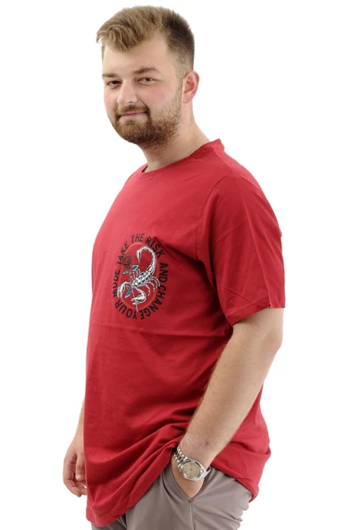 Mode XL Büyük Beden Erkek Tişört Baskılı Bisiklet Yaka Pamuklu CHANGE U24084 Bordo - Resim 2