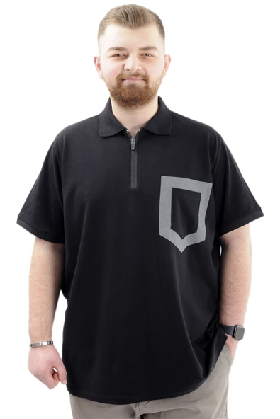 Mode XL Büyük Beden Erkek T-Shirt Fermuarlı Polo Yaka Cepli U24325 Siyah ürün görseli