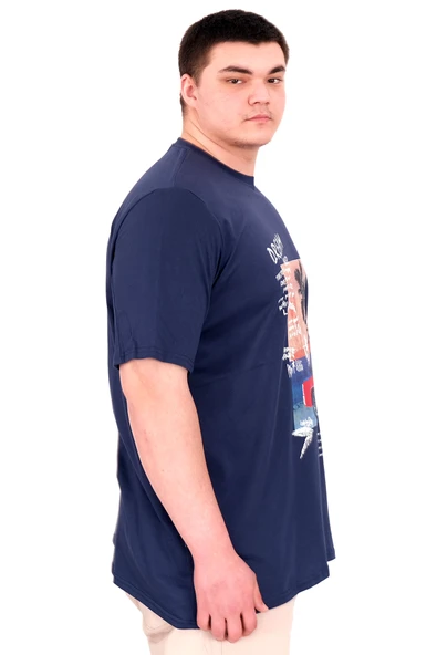 Mode XL Büyük Beden Erkek Baskılı T-Shirt Palm Dream U25026 İndigo - Resim 3
