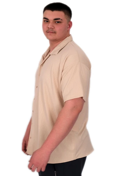 Mode XL Büyük Beden Erkek Gömlek Apas Yaka Şerit Desen Jakar U24382 Bej - Resim 4